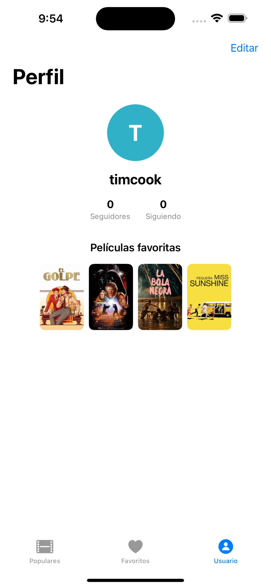 Perfil de usuario con películas favoritas en frame
