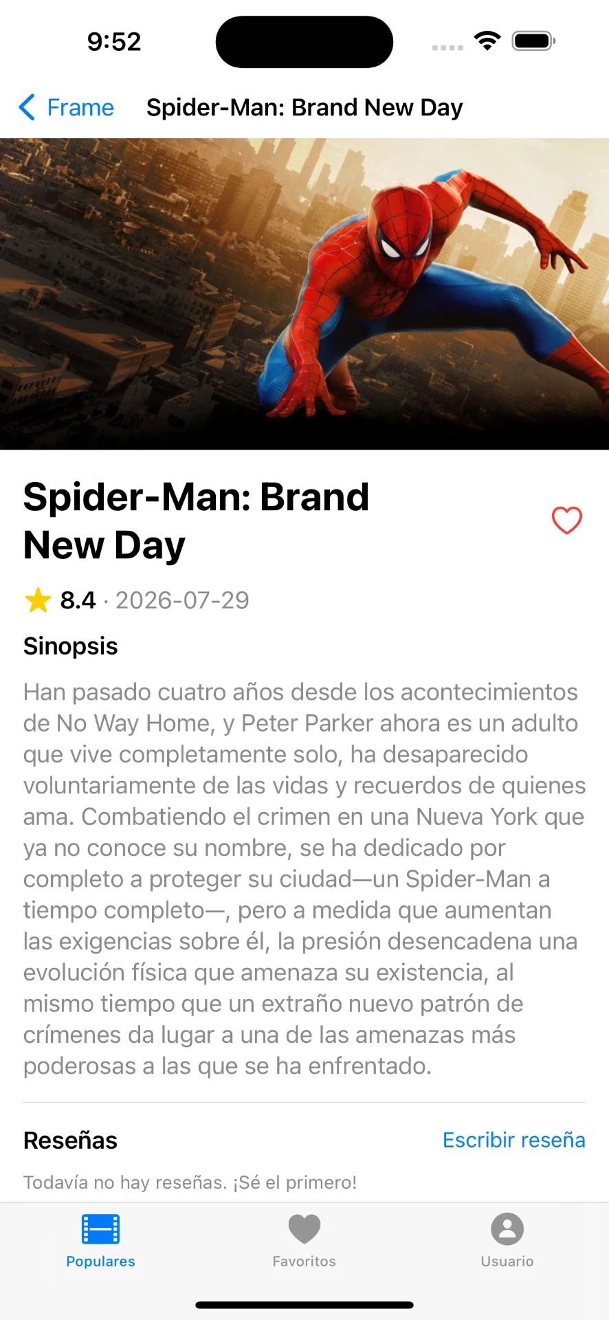 Vista de la ficha de una película en la app frame