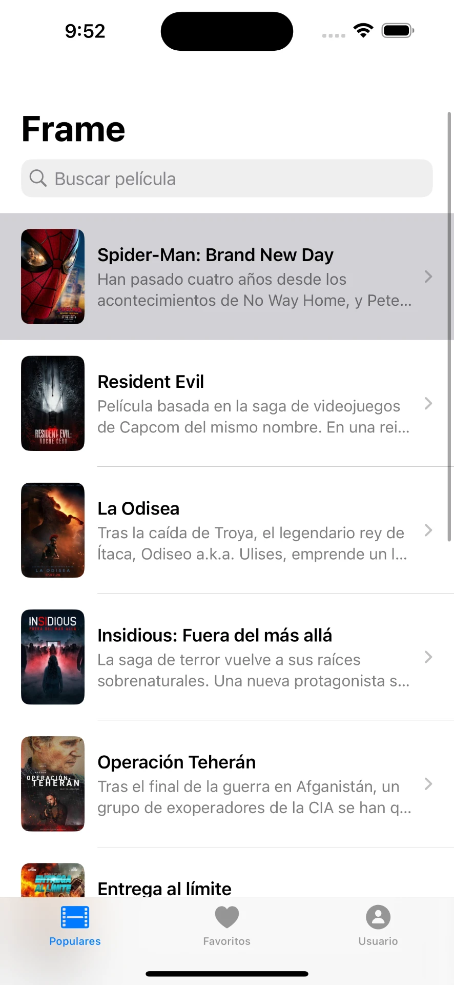 Lista de películas populares en frame